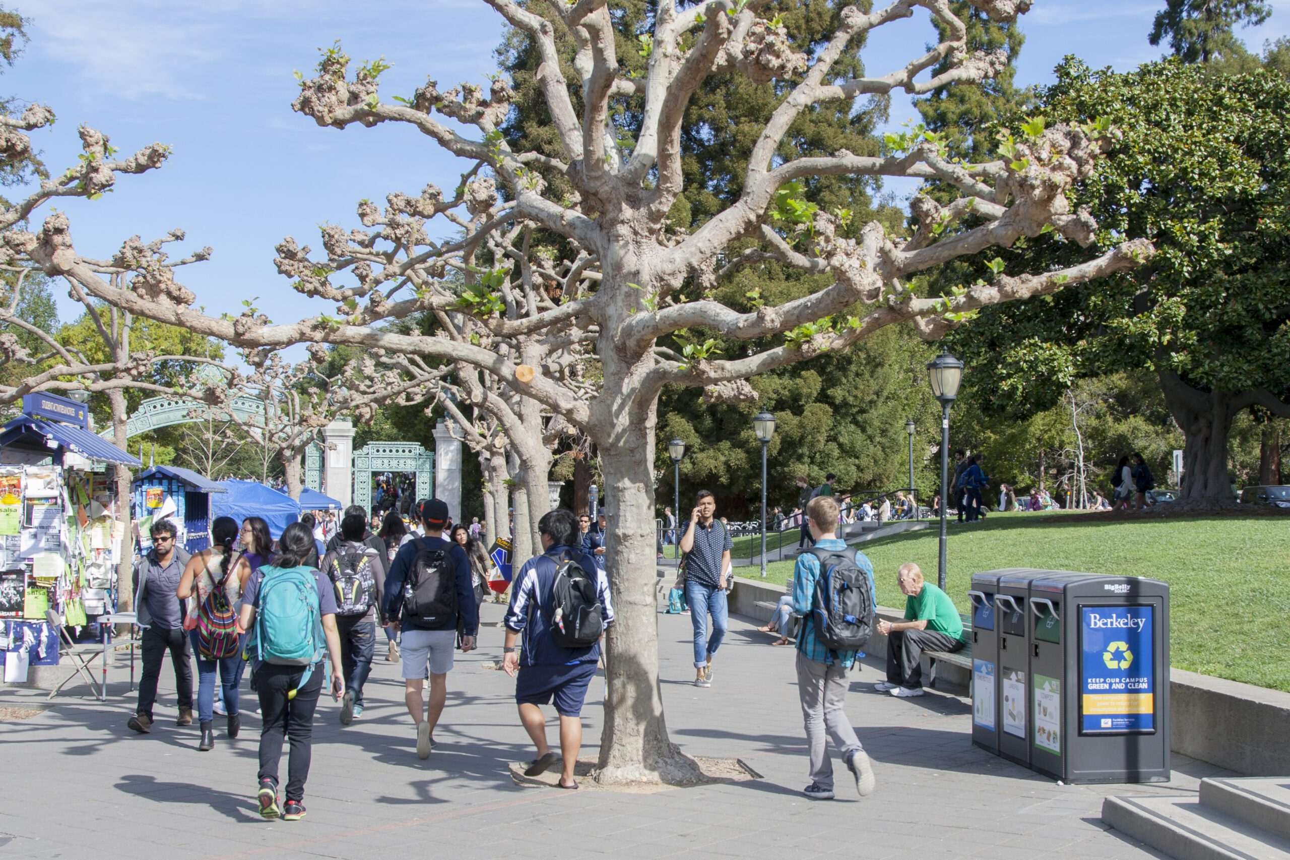 public space recycling bins at a clean college campus at uc berkeley